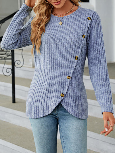 Solid Color Long Sleeves Round Neck Button Decor Blouse