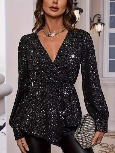 Allegra K Glitter V Neck Long Sleeve Asymmetric Peplum Blouse