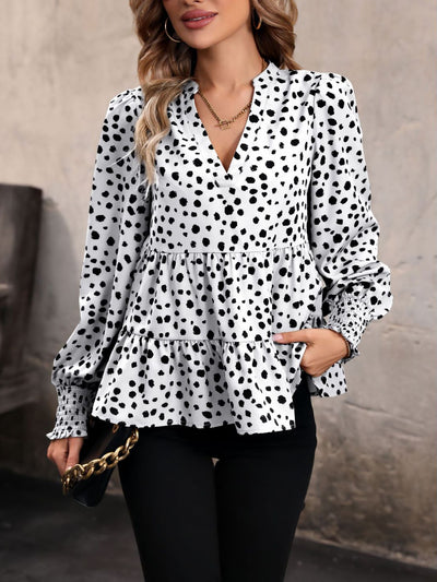 V Neck Long Smocked Sleeve Leopard Tiered Blouse