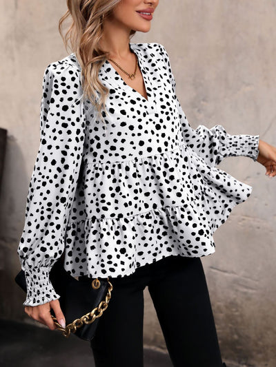 V Neck Long Smocked Sleeve Leopard Tiered Blouse