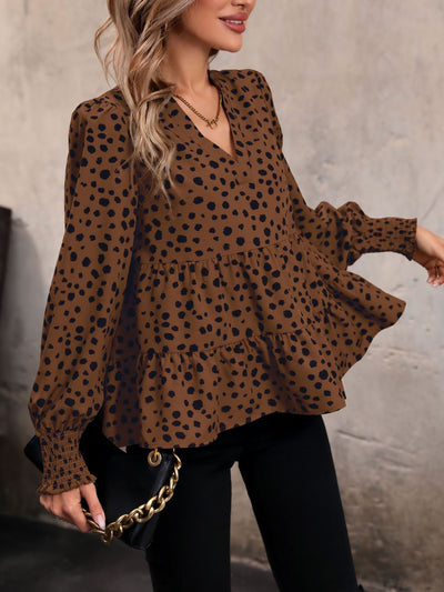 V Neck Long Smocked Sleeve Leopard Tiered Blouse