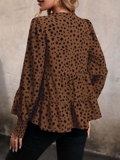 V Neck Long Smocked Sleeve Leopard Tiered Blouse