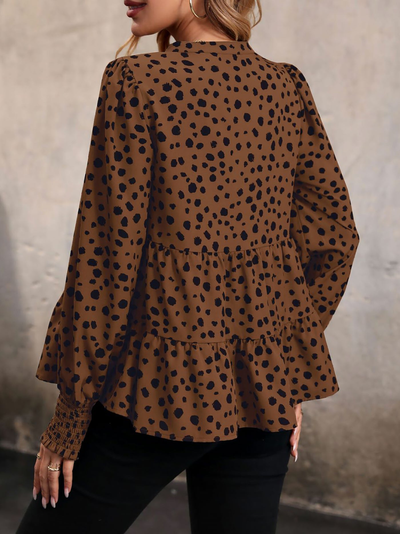 Allegra K V Neck Long Smocked Sleeve Leopard Tiered Blouse