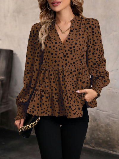 V Neck Long Smocked Sleeve Leopard Tiered Blouse