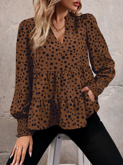 V Neck Long Smocked Sleeve Leopard Tiered Blouse