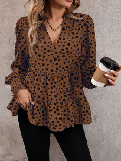 V Neck Long Smocked Sleeve Leopard Tiered Blouse