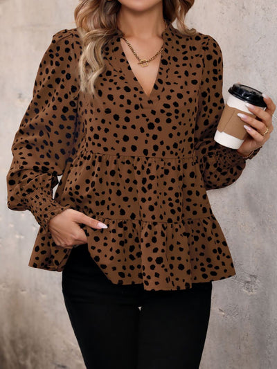 V Neck Long Smocked Sleeve Leopard Tiered Blouse