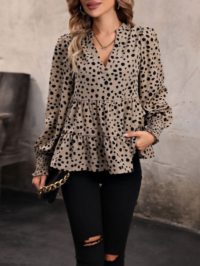 V Neck Long Smocked Sleeve Leopard Tiered Blouse