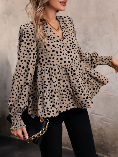 V Neck Long Smocked Sleeve Leopard Tiered Blouse