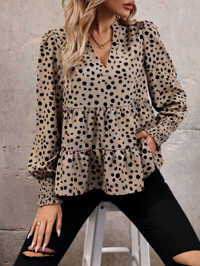 V Neck Long Smocked Sleeve Leopard Tiered Blouse