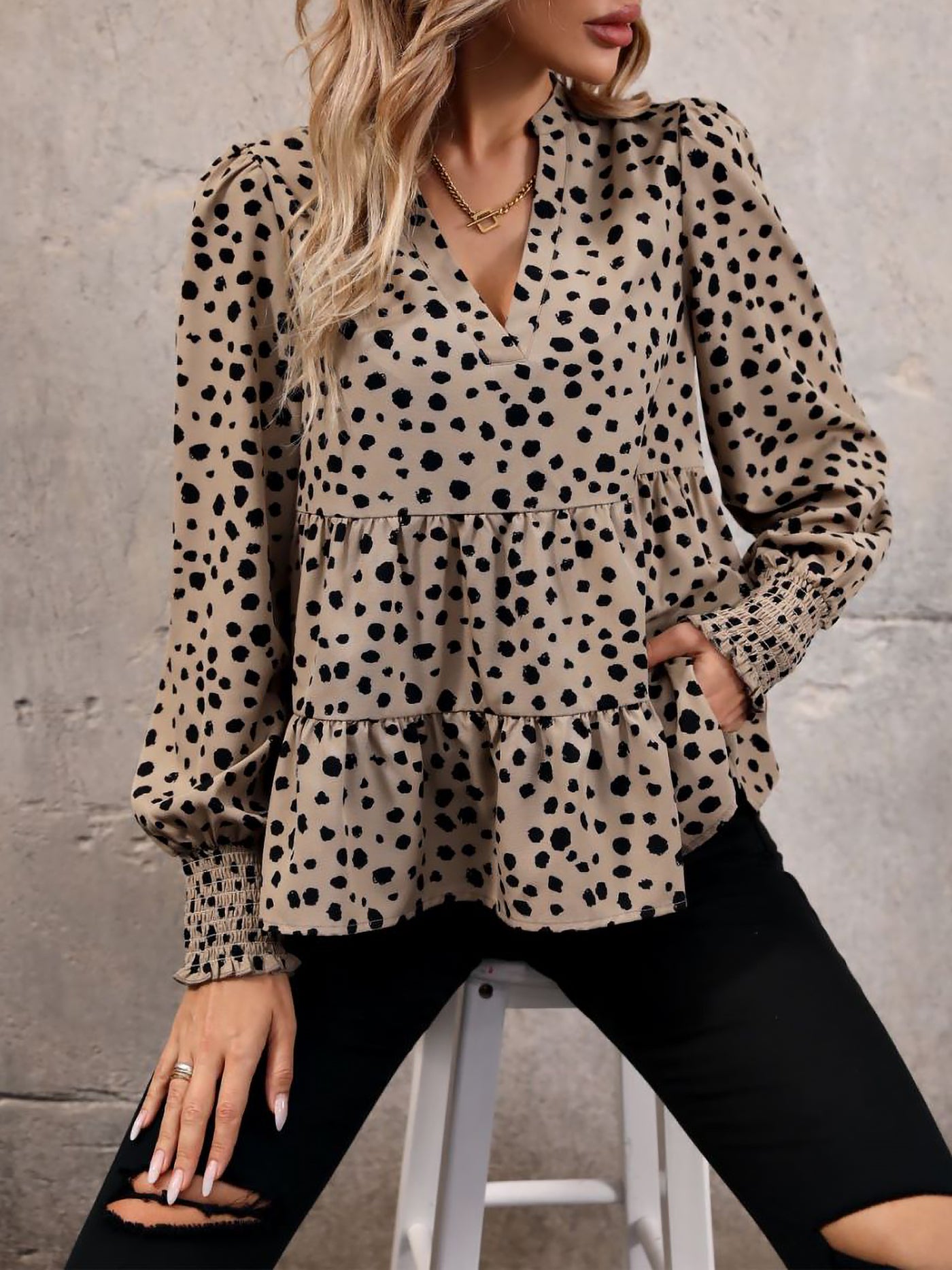 Allegra K V Neck Long Smocked Sleeve Leopard Tiered Blouse