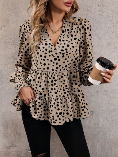 V Neck Long Smocked Sleeve Leopard Tiered Blouse