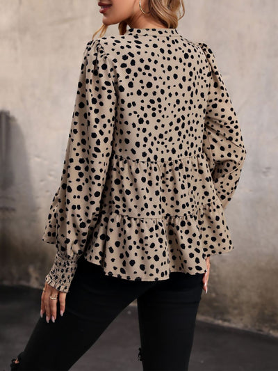 V Neck Long Smocked Sleeve Leopard Tiered Blouse