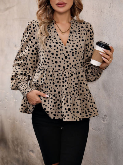 V Neck Long Smocked Sleeve Leopard Tiered Blouse