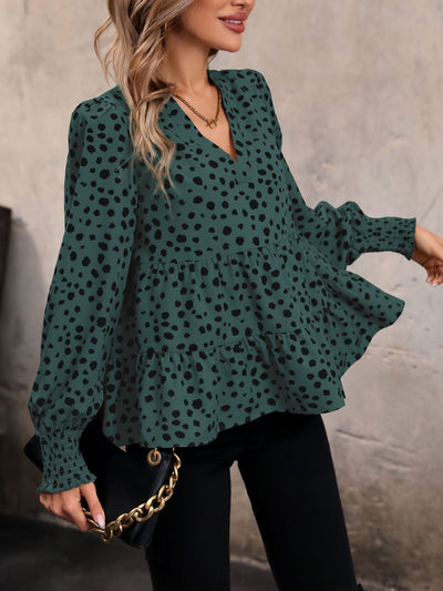 V Neck Long Smocked Sleeve Leopard Tiered Blouse