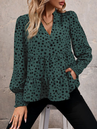 V Neck Long Smocked Sleeve Leopard Tiered Blouse