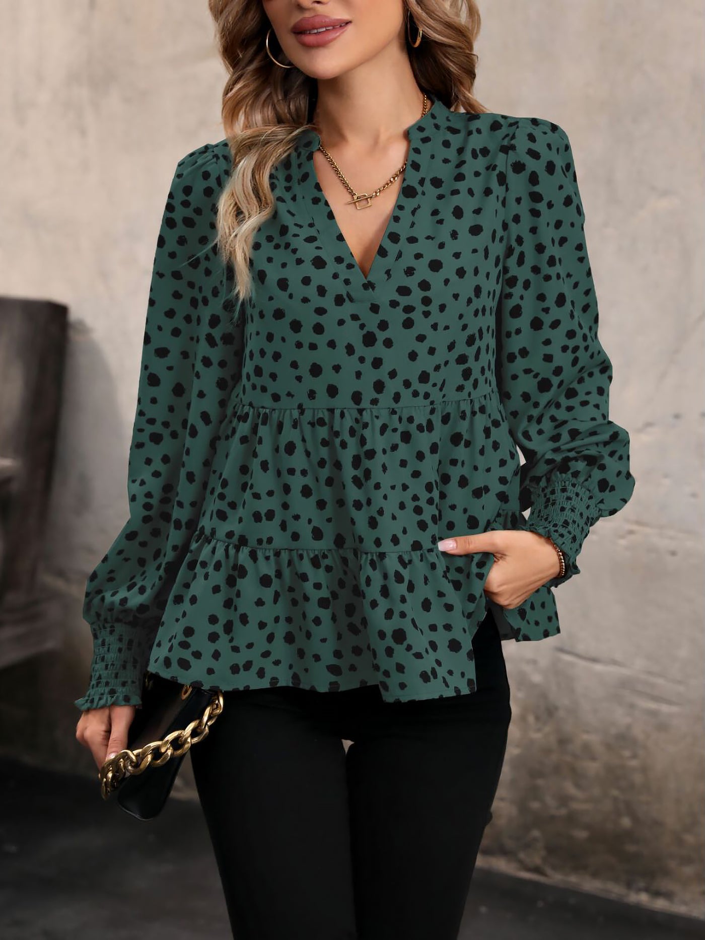 Allegra K V Neck Long Smocked Sleeve Leopard Tiered Blouse