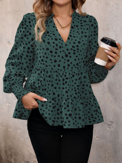 V Neck Long Smocked Sleeve Leopard Tiered Blouse