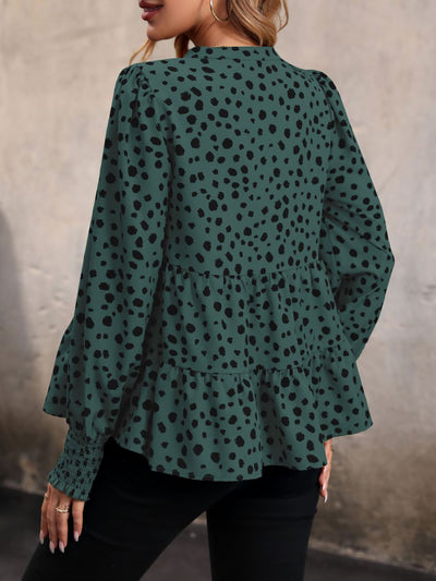 V Neck Long Smocked Sleeve Leopard Tiered Blouse