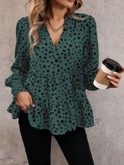 V Neck Long Smocked Sleeve Leopard Tiered Blouse