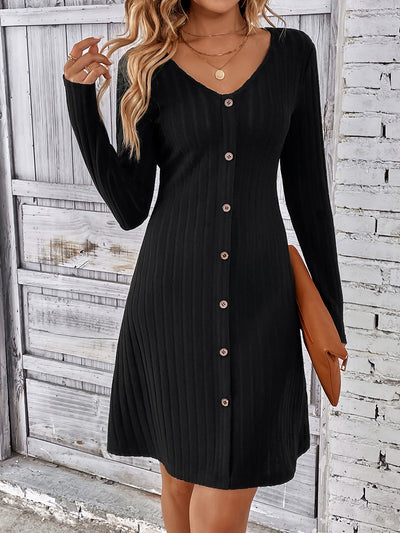 V Neck Solid Color Button Long Sleeves A-Line Mini Sweater Dress