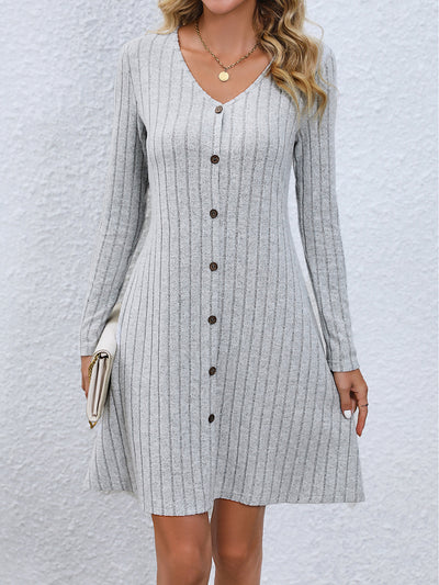 V Neck Solid Color Button Long Sleeves A-Line Mini Sweater Dress