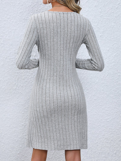 V Neck Solid Color Button Long Sleeves A-Line Mini Sweater Dress