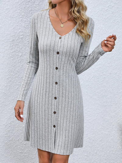 V Neck Solid Color Button Long Sleeves A-Line Mini Sweater Dress