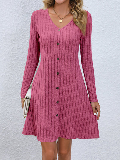 V Neck Solid Color Button Long Sleeves A-Line Mini Sweater Dress