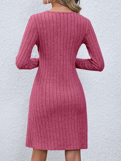 V Neck Solid Color Button Long Sleeves A-Line Mini Sweater Dress