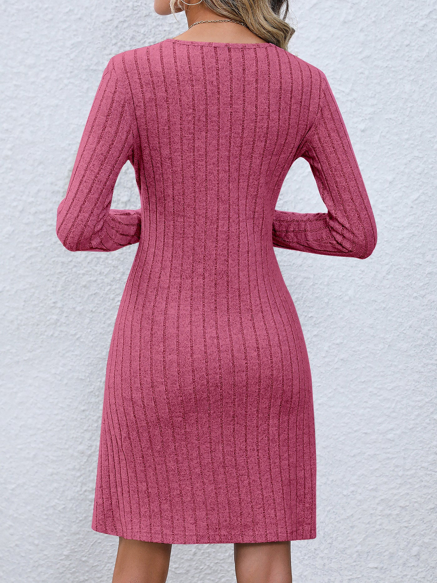 Allegra K V Neck Solid Color Button Long Sleeves A-Line Mini Sweater Dress