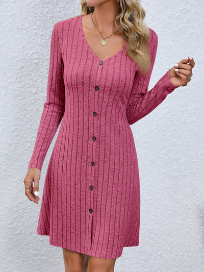 V Neck Solid Color Button Long Sleeves A-Line Mini Sweater Dress