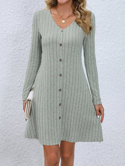 V Neck Solid Color Button Long Sleeves A-Line Mini Sweater Dress