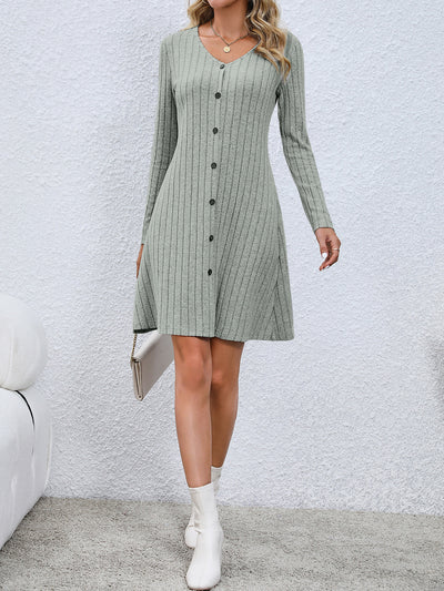 V Neck Solid Color Button Long Sleeves A-Line Mini Sweater Dress