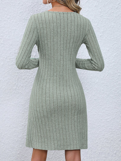 V Neck Solid Color Button Long Sleeves A-Line Mini Sweater Dress