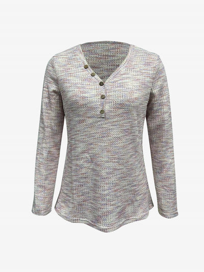 V Neck Button Decor Long Sleeves Textured Blouse