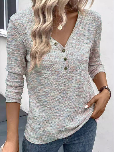 V Neck Button Decor Long Sleeves Textured Blouse