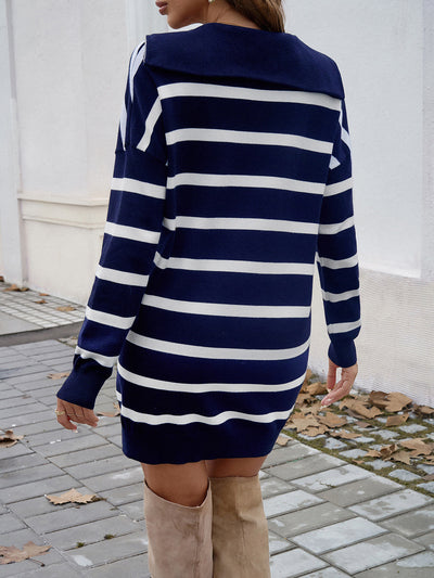 Striped Long Sleeves Zipper Mini Sweater Dress