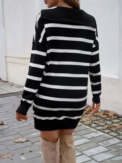 Striped Long Sleeves Zipper Mini Sweater Dress