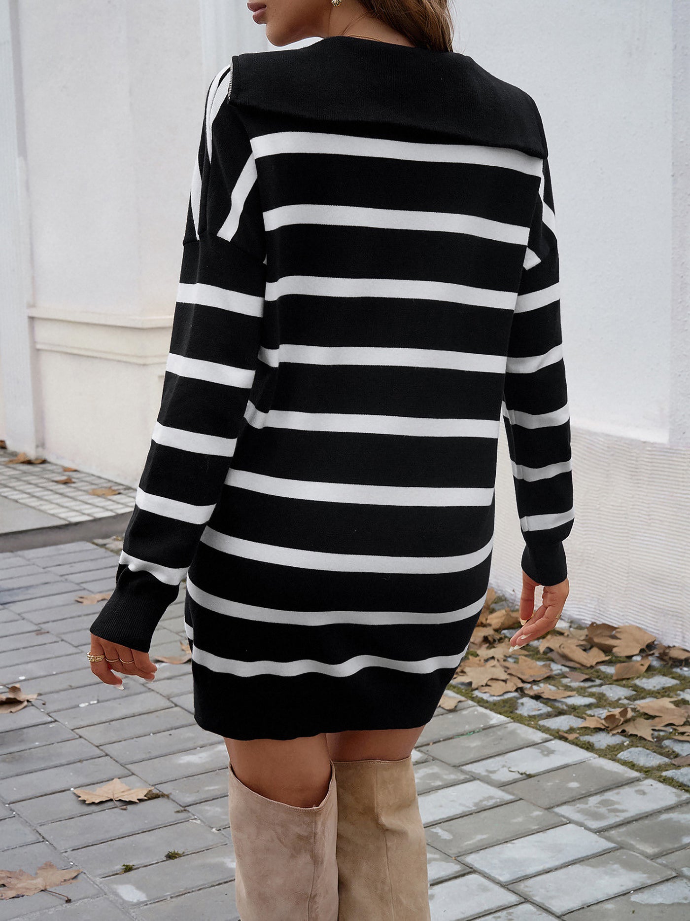 Allegra K Striped Long Sleeves Zipper Mini Sweater Dress