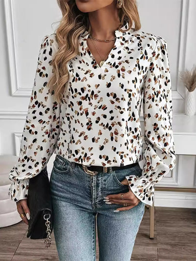 Printed Notch Neck Puff Long Sleeve Casual Blouse