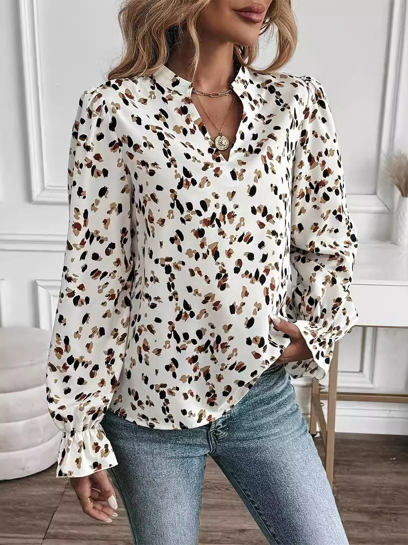 Allegra K Printed Notch Neck Puff Long Sleeve Casual Blouse