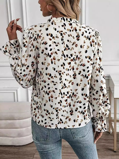 Printed Notch Neck Puff Long Sleeve Casual Blouse