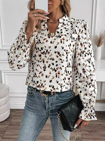 Printed Notch Neck Puff Long Sleeve Casual Blouse