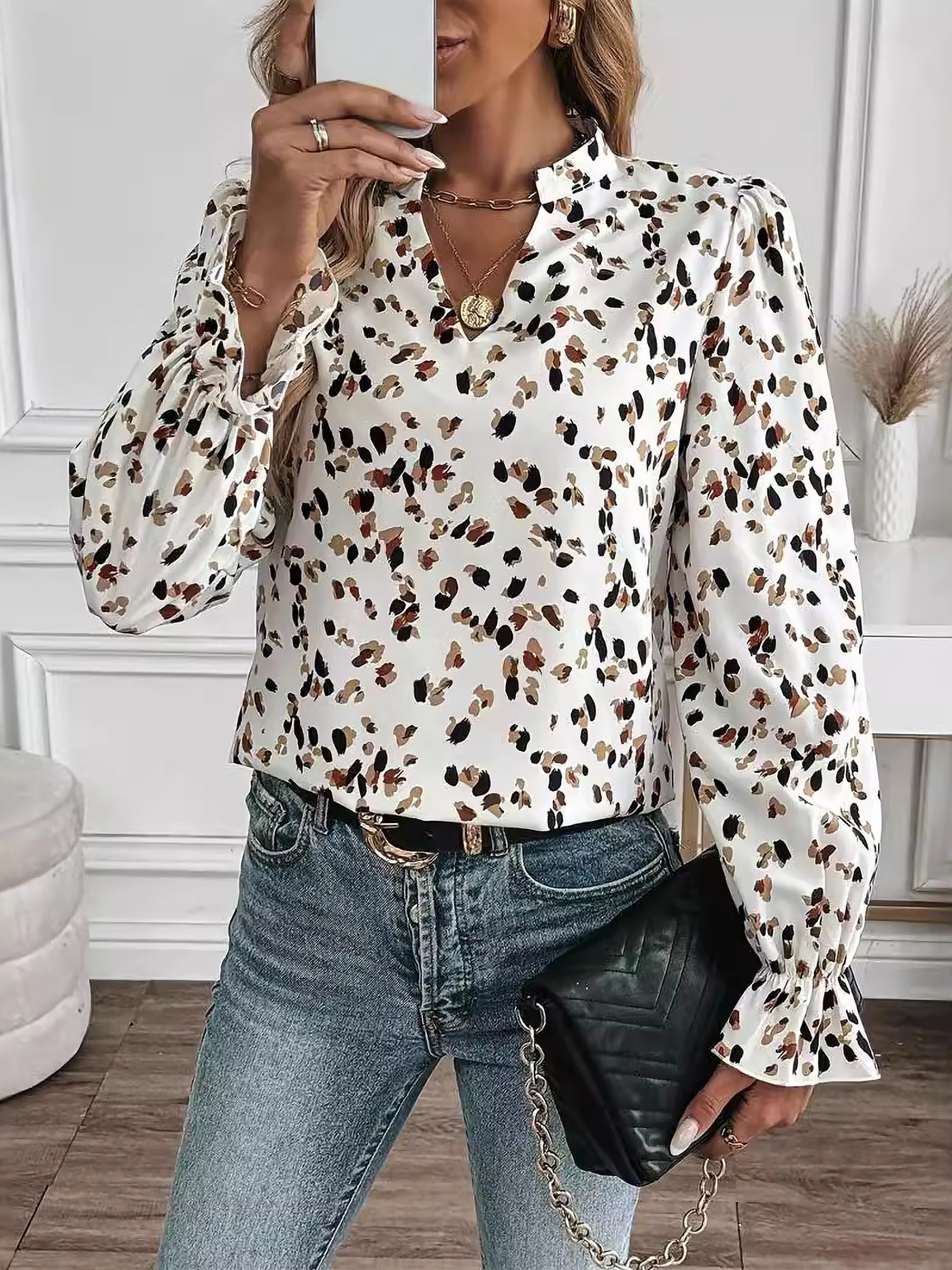 Allegra K Printed Notch Neck Puff Long Sleeve Casual Blouse