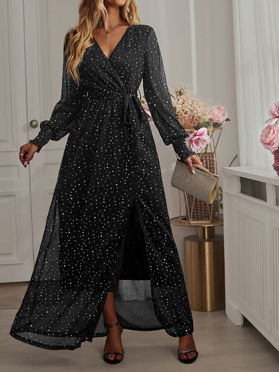 Glitter Long Sleeves V Neck Lace-Up Slit Maxi Dress