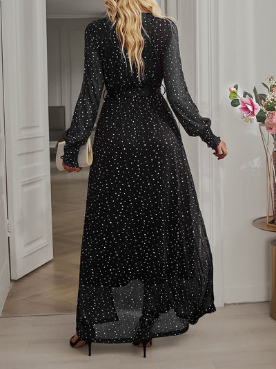 Glitter Long Sleeves V Neck Lace-Up Slit Maxi Dress