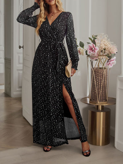 Glitter Long Sleeves V Neck Lace-Up Slit Maxi Dress