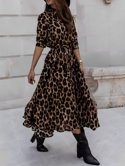 Long Sleeves Leopard Belted Lace-Up Midi Shirt Dress