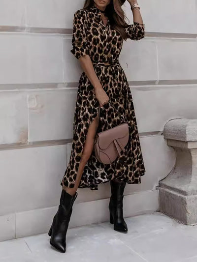 Long Sleeves Leopard Belted Lace-Up Midi Shirt Dress